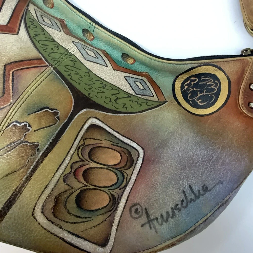 Anuschka Hand Painted Leather Hobo Purse‎ Shoulder Bag Whimsical Artsy Abstract